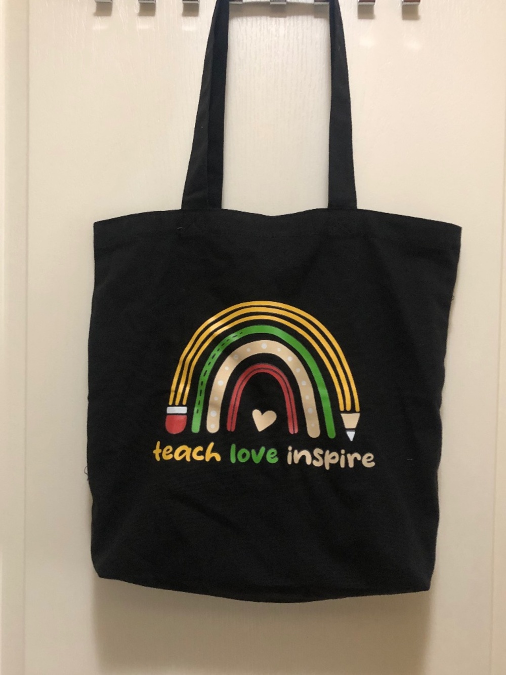 Black cotton tote rainbow teach love inspire
